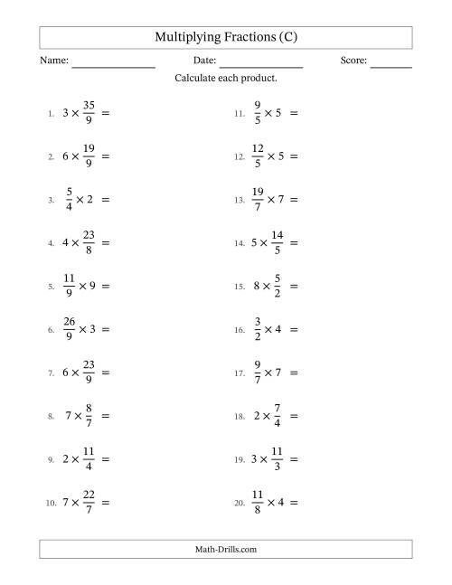 The Multiplying Improper Fractions by Whole Numbers with All Simplification (C) Math Worksheet