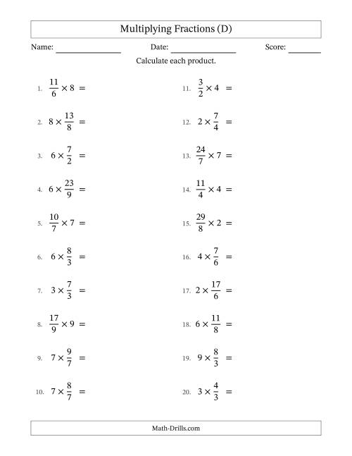 The Multiplying Improper Fractions by Whole Numbers with All Simplification (D) Math Worksheet