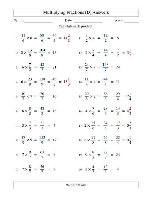 The Multiplying Improper Fractions by Whole Numbers with All Simplification (D) Math Worksheet Page 2
