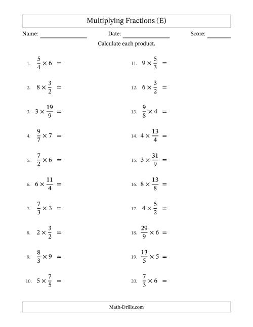 The Multiplying Improper Fractions by Whole Numbers with All Simplification (E) Math Worksheet