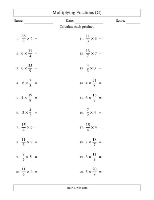 The Multiplying Improper Fractions by Whole Numbers with All Simplification (G) Math Worksheet
