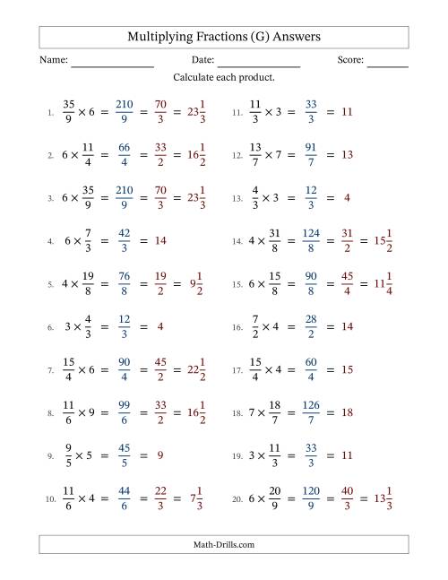 The Multiplying Improper Fractions by Whole Numbers with All Simplification (G) Math Worksheet Page 2