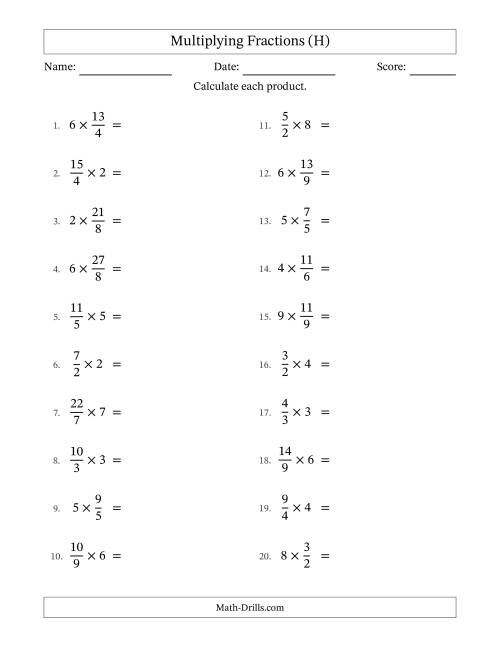 The Multiplying Improper Fractions by Whole Numbers with All Simplification (H) Math Worksheet