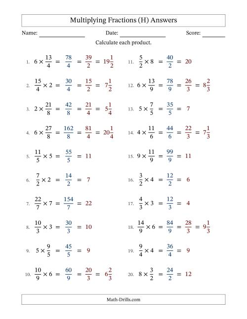 The Multiplying Improper Fractions by Whole Numbers with All Simplification (H) Math Worksheet Page 2