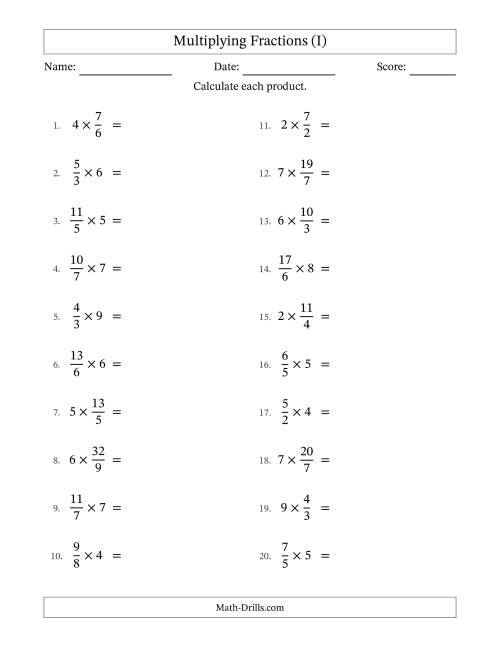 The Multiplying Improper Fractions by Whole Numbers with All Simplification (I) Math Worksheet