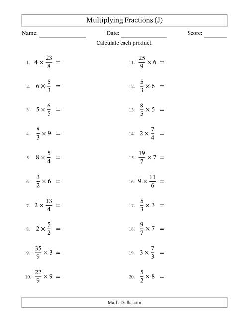 The Multiplying Improper Fractions by Whole Numbers with All Simplification (J) Math Worksheet