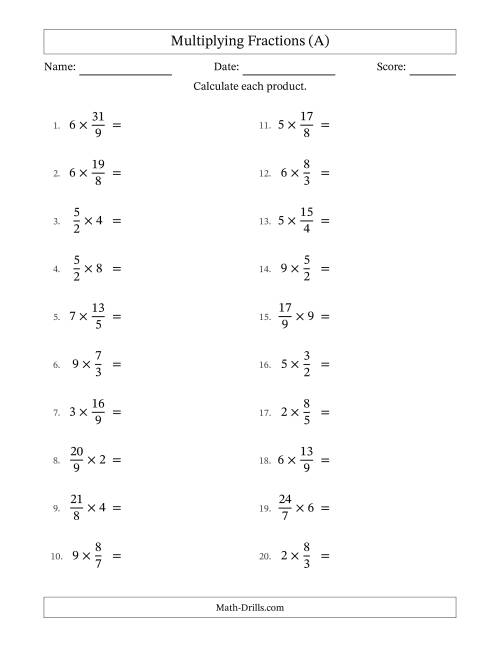 The Multiplying Improper Fractions by Whole Numbers with Some Simplifying (A) Math Worksheet