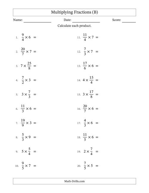 The Multiplying Improper Fractions by Whole Numbers with Some Simplification (B) Math Worksheet