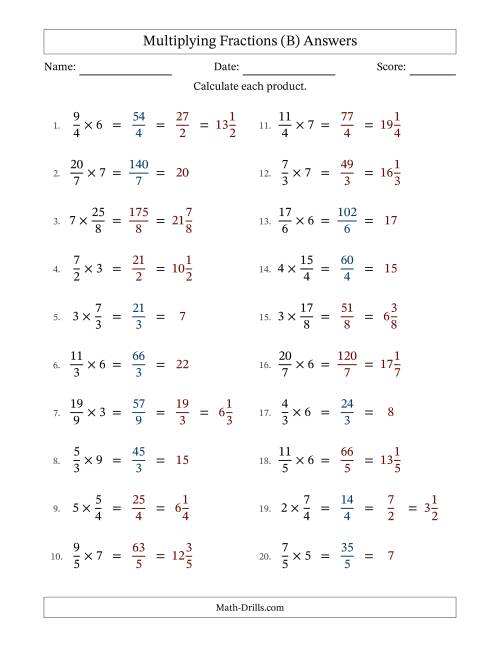 The Multiplying Improper Fractions by Whole Numbers with Some Simplification (B) Math Worksheet Page 2