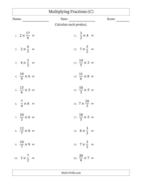 The Multiplying Improper Fractions by Whole Numbers with Some Simplification (C) Math Worksheet