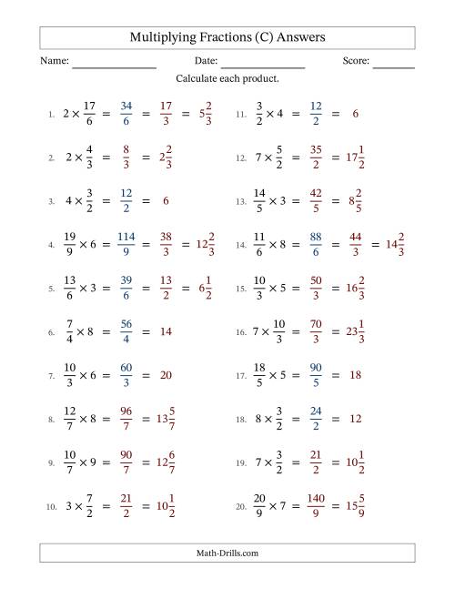 The Multiplying Improper Fractions by Whole Numbers with Some Simplification (C) Math Worksheet Page 2