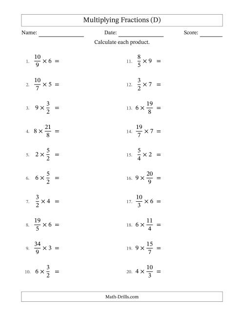 The Multiplying Improper Fractions by Whole Numbers with Some Simplification (D) Math Worksheet
