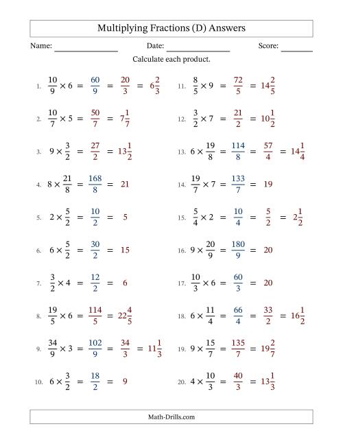 The Multiplying Improper Fractions by Whole Numbers with Some Simplification (D) Math Worksheet Page 2