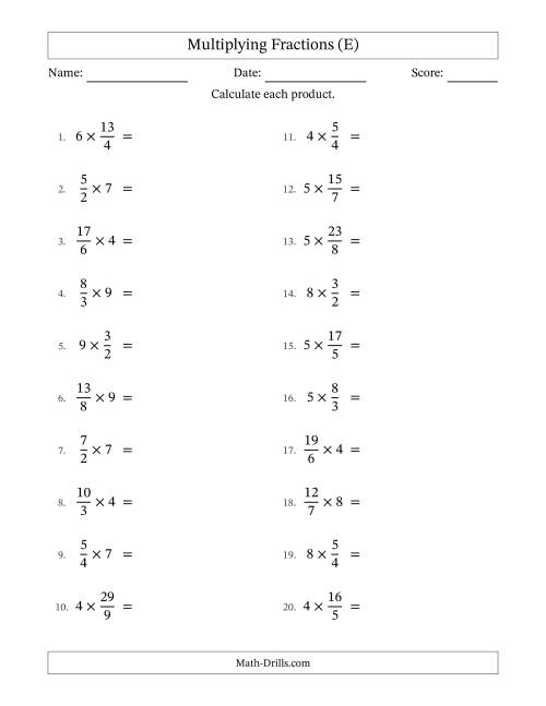 The Multiplying Improper Fractions by Whole Numbers with Some Simplification (E) Math Worksheet