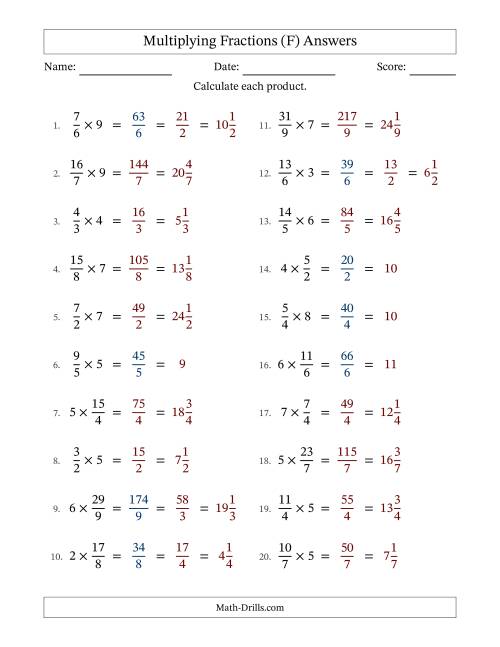 The Multiplying Improper Fractions by Whole Numbers with Some Simplification (F) Math Worksheet Page 2
