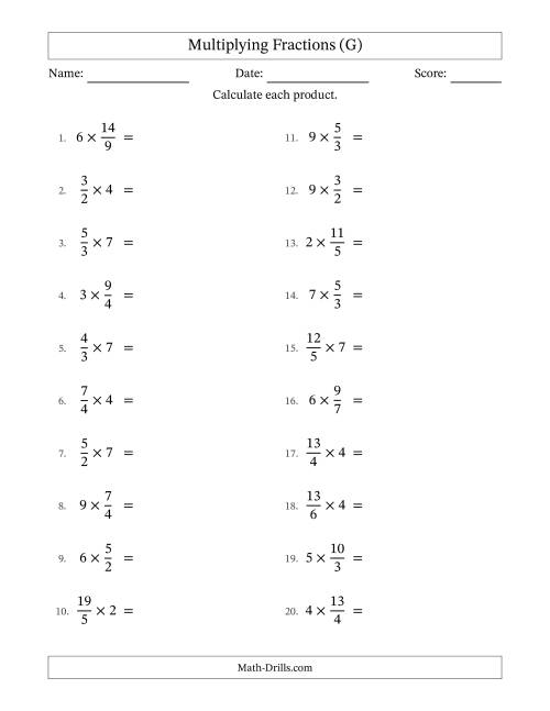 The Multiplying Improper Fractions by Whole Numbers with Some Simplification (G) Math Worksheet