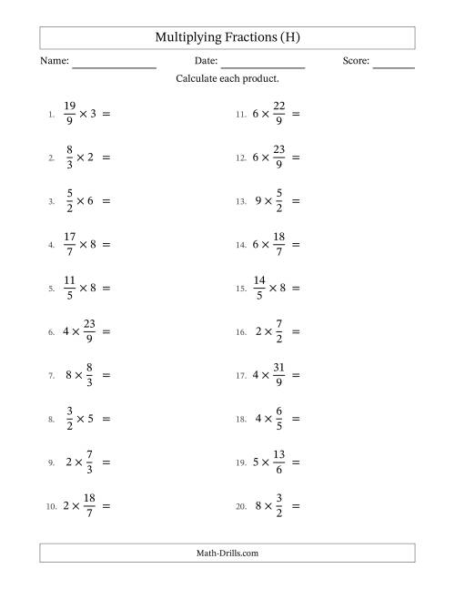 The Multiplying Improper Fractions by Whole Numbers with Some Simplification (H) Math Worksheet