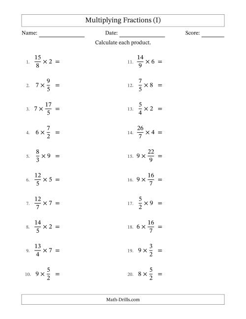 The Multiplying Improper Fractions by Whole Numbers with Some Simplification (I) Math Worksheet