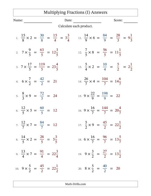 The Multiplying Improper Fractions by Whole Numbers with Some Simplification (I) Math Worksheet Page 2
