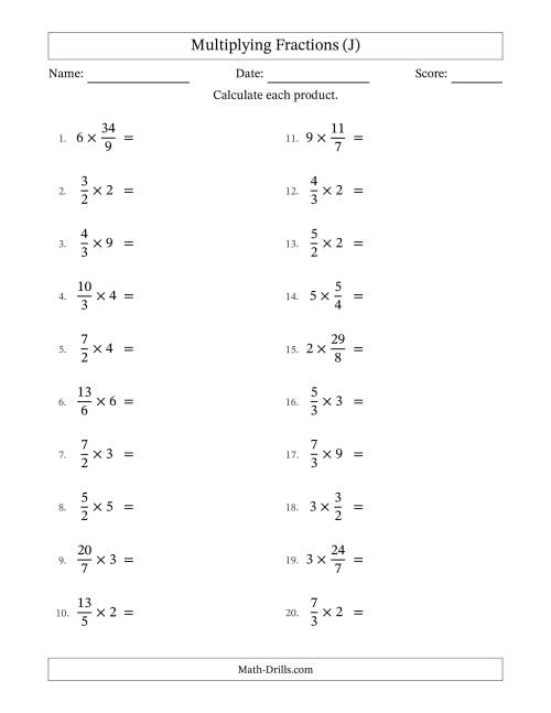 The Multiplying Improper Fractions by Whole Numbers with Some Simplification (J) Math Worksheet