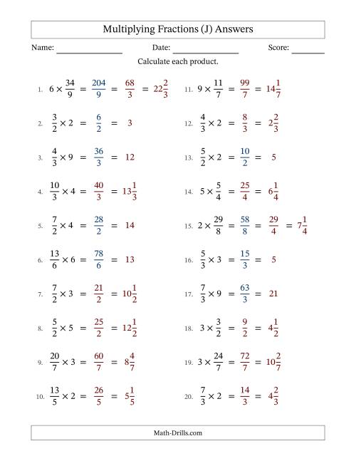 The Multiplying Improper Fractions by Whole Numbers with Some Simplification (J) Math Worksheet Page 2