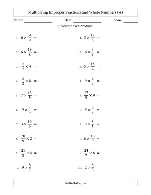 The Multiplying Improper Fractions by Whole Numbers with Some Simplifying (All) Math Worksheet