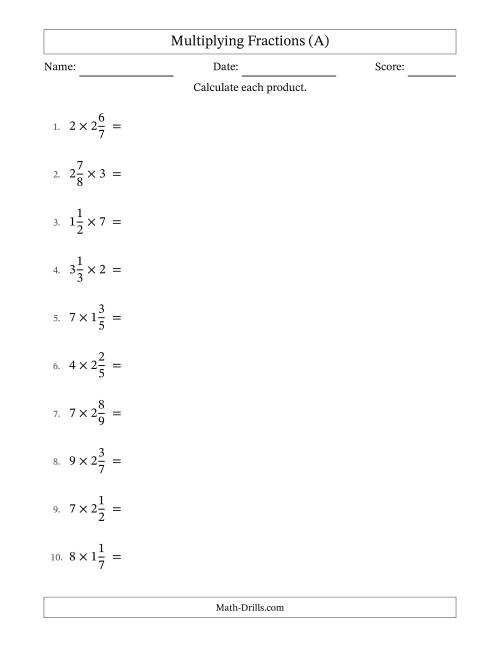 The Multiplying Mixed Fractions and Whole Numbers with No Simplifying (A) Math Worksheet