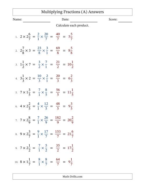The Multiplying Mixed Fractions and Whole Numbers with No Simplifying (A) Math Worksheet Page 2