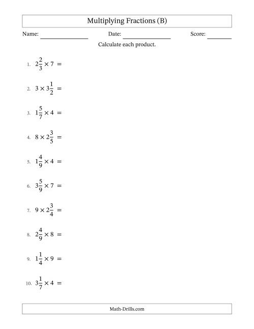 The Multiplying Mixed Fractions and Whole Numbers with No Simplifying (B) Math Worksheet