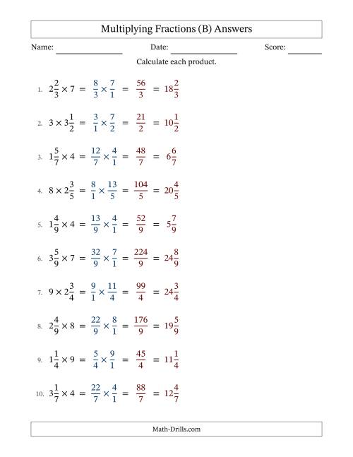 The Multiplying Mixed Fractions and Whole Numbers with No Simplifying (B) Math Worksheet Page 2