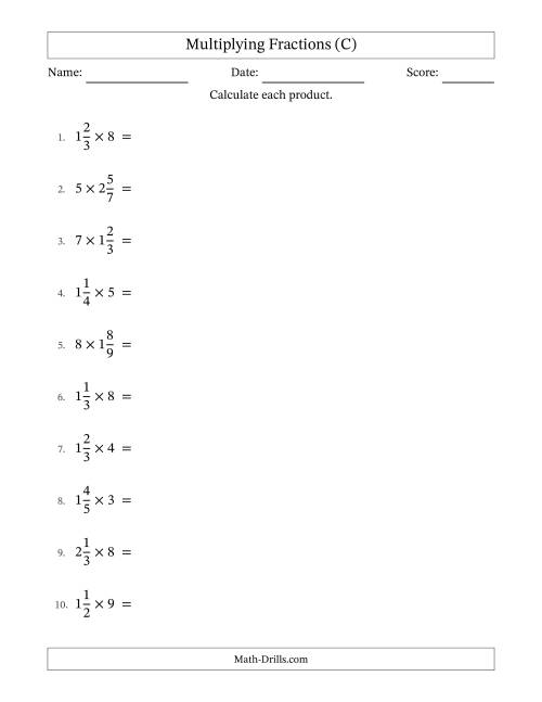 The Multiplying Mixed Fractions and Whole Numbers with No Simplifying (C) Math Worksheet