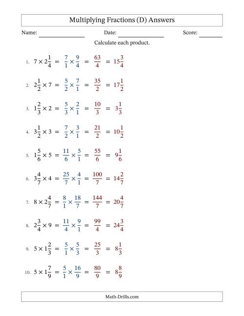 The Multiplying Mixed Fractions and Whole Numbers with No Simplifying (D) Math Worksheet Page 2
