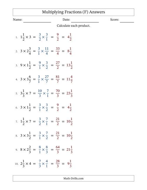 The Multiplying Mixed Fractions and Whole Numbers with No Simplifying (F) Math Worksheet Page 2