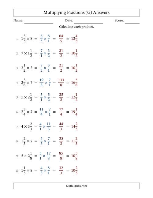 The Multiplying Mixed Fractions and Whole Numbers with No Simplifying (G) Math Worksheet Page 2