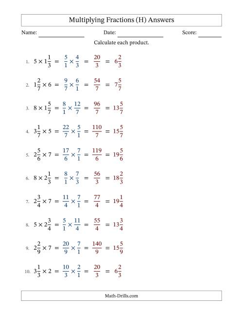 The Multiplying Mixed Fractions and Whole Numbers with No Simplifying (H) Math Worksheet Page 2
