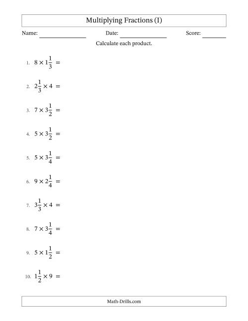 The Multiplying Mixed Fractions and Whole Numbers with No Simplifying (I) Math Worksheet