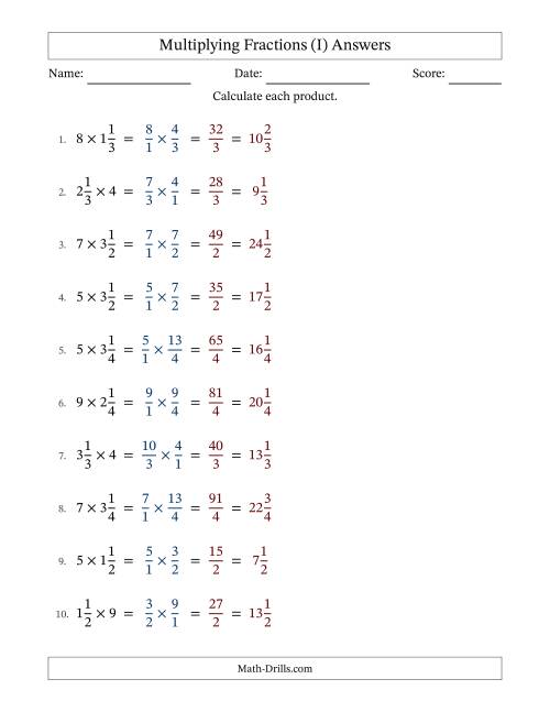 The Multiplying Mixed Fractions and Whole Numbers with No Simplifying (I) Math Worksheet Page 2
