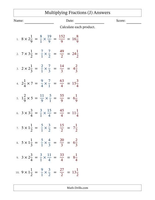 The Multiplying Mixed Fractions and Whole Numbers with No Simplifying (J) Math Worksheet Page 2