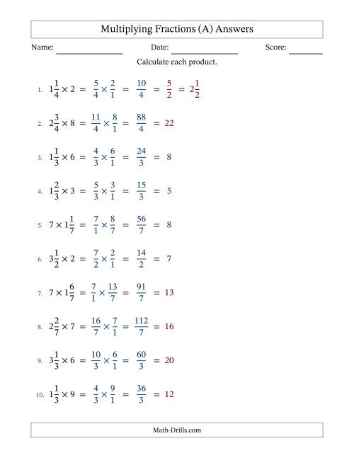 The Multiplying Mixed Fractions and Whole Numbers with All Simplifying (A) Math Worksheet Page 2