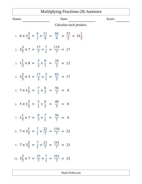 The Multiplying Mixed Fractions and Whole Numbers with All Simplifying (B) Math Worksheet Page 2