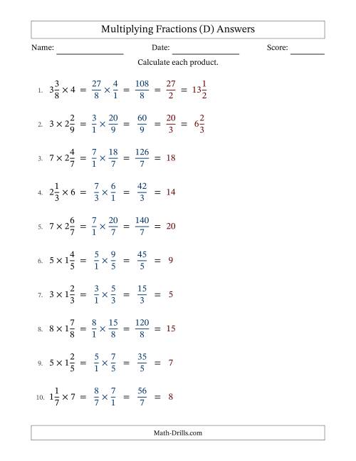The Multiplying Mixed Fractions and Whole Numbers with All Simplifying (D) Math Worksheet Page 2