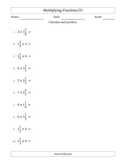 The Multiplying Mixed Fractions and Whole Numbers with All Simplifying (F) Math Worksheet