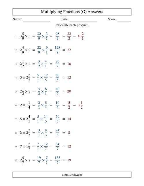 The Multiplying Mixed Fractions and Whole Numbers with All Simplifying (G) Math Worksheet Page 2