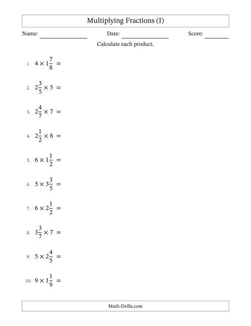 The Multiplying Mixed Fractions and Whole Numbers with All Simplifying (I) Math Worksheet