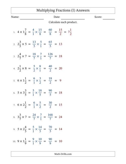 The Multiplying Mixed Fractions and Whole Numbers with All Simplifying (I) Math Worksheet Page 2