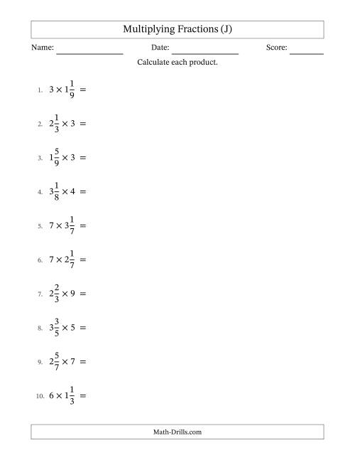 The Multiplying Mixed Fractions and Whole Numbers with All Simplifying (J) Math Worksheet