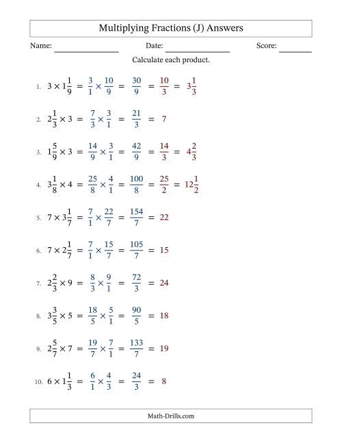 The Multiplying Mixed Fractions and Whole Numbers with All Simplifying (J) Math Worksheet Page 2