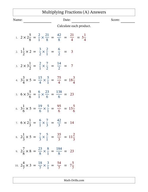 The Multiplying Mixed Fractions and Whole Numbers with Some Simplifying (A) Math Worksheet Page 2