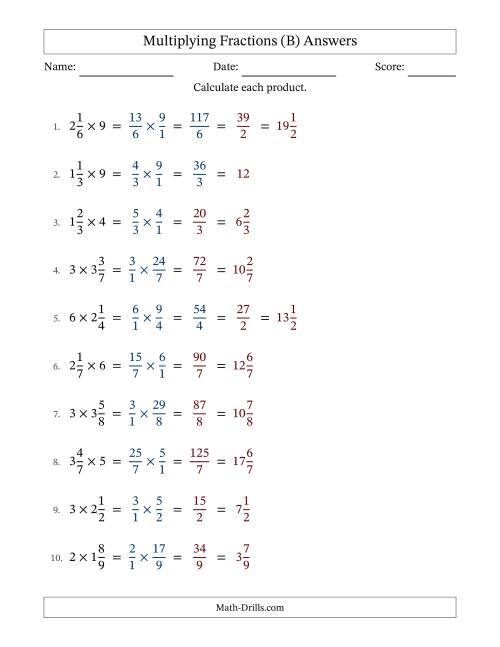The Multiplying Mixed Fractions and Whole Numbers with Some Simplifying (B) Math Worksheet Page 2