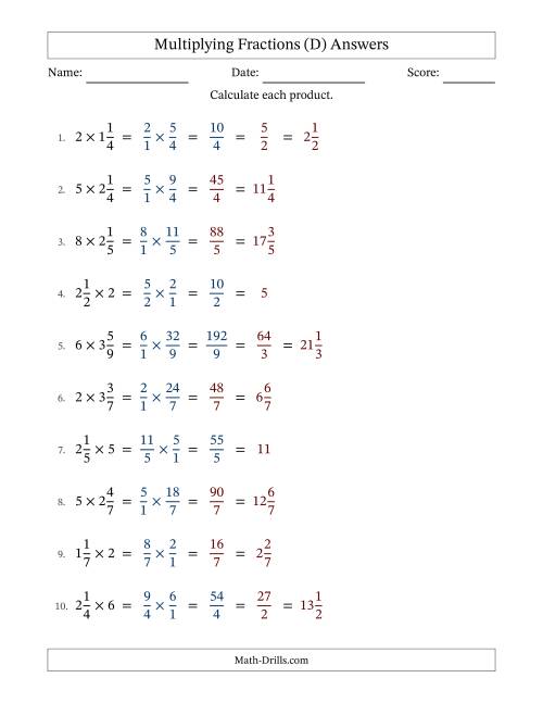 The Multiplying Mixed Fractions and Whole Numbers with Some Simplifying (D) Math Worksheet Page 2